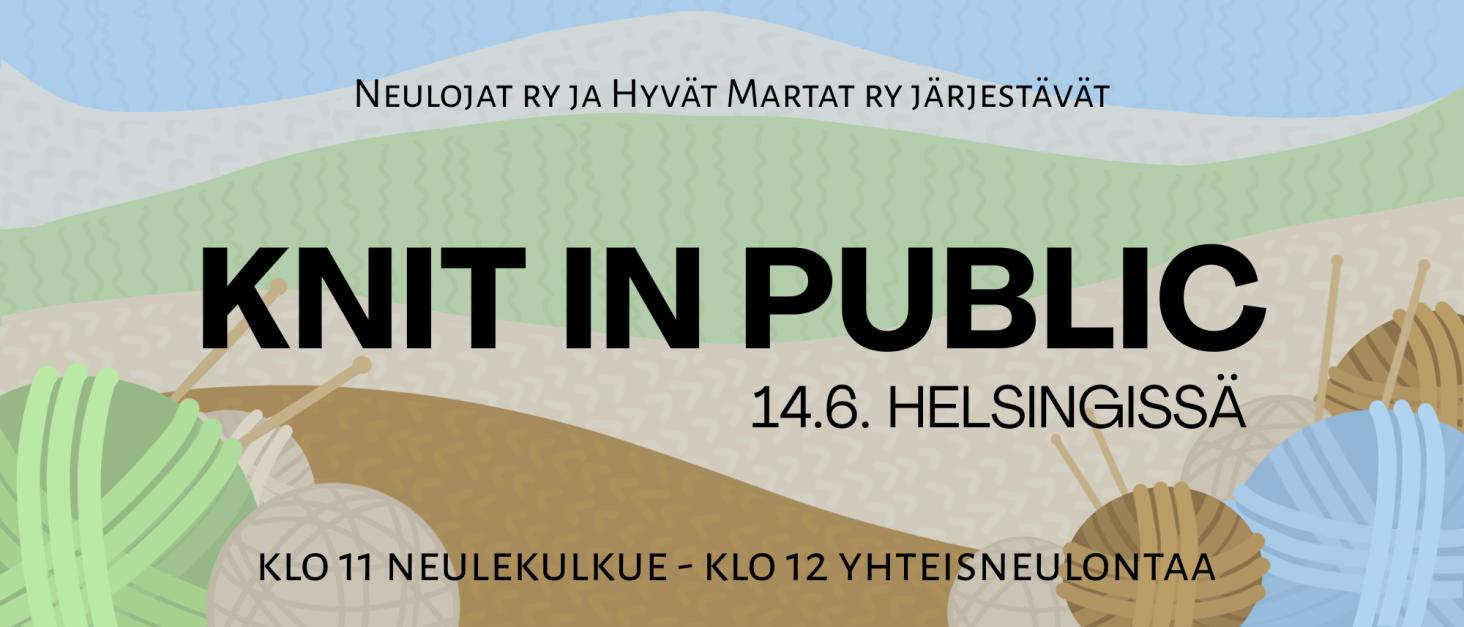 Erilaisista neulepinnoista muodostuva kumpuileva maasto taustalla. Etualalla molemmissa reunoissa erivärisiä lankakeriä, joista osasta sojottaa neulepuikot.